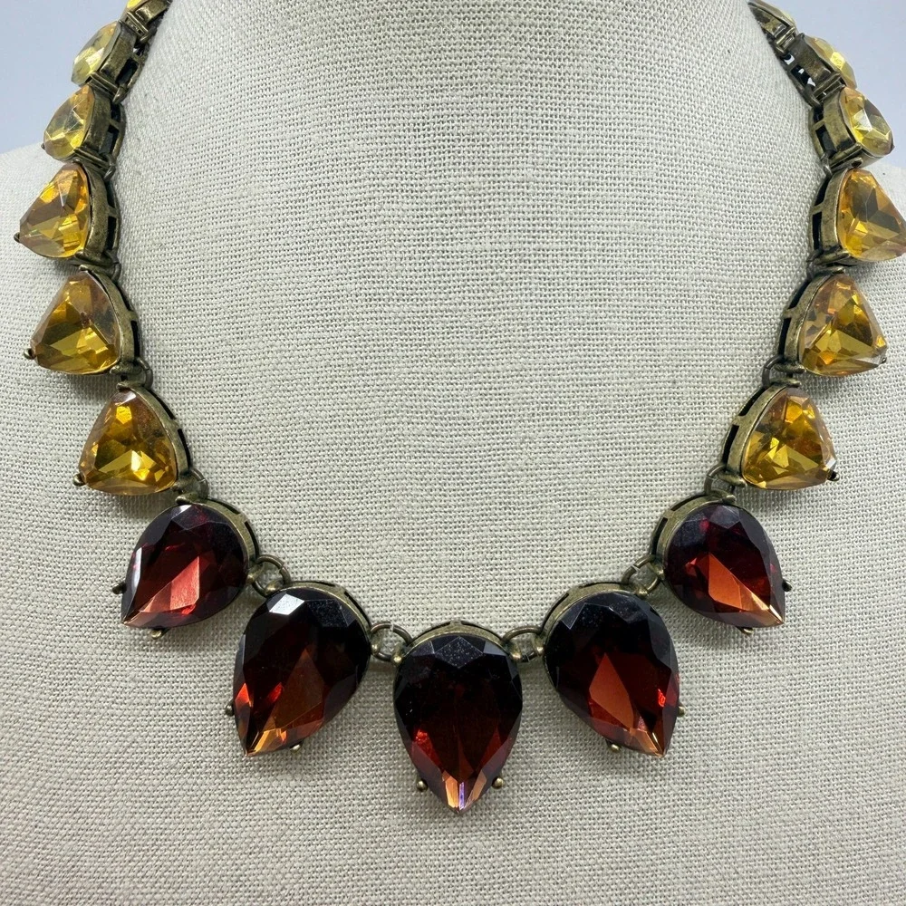 Amber & Gold Tone Red Facet Teardrop Acrylic Antiqued Chunky Statement Necklace